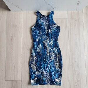 Alexia Admor Dress Womens XS Blue Silver Sequin Cocktail Party Bodycon Mini